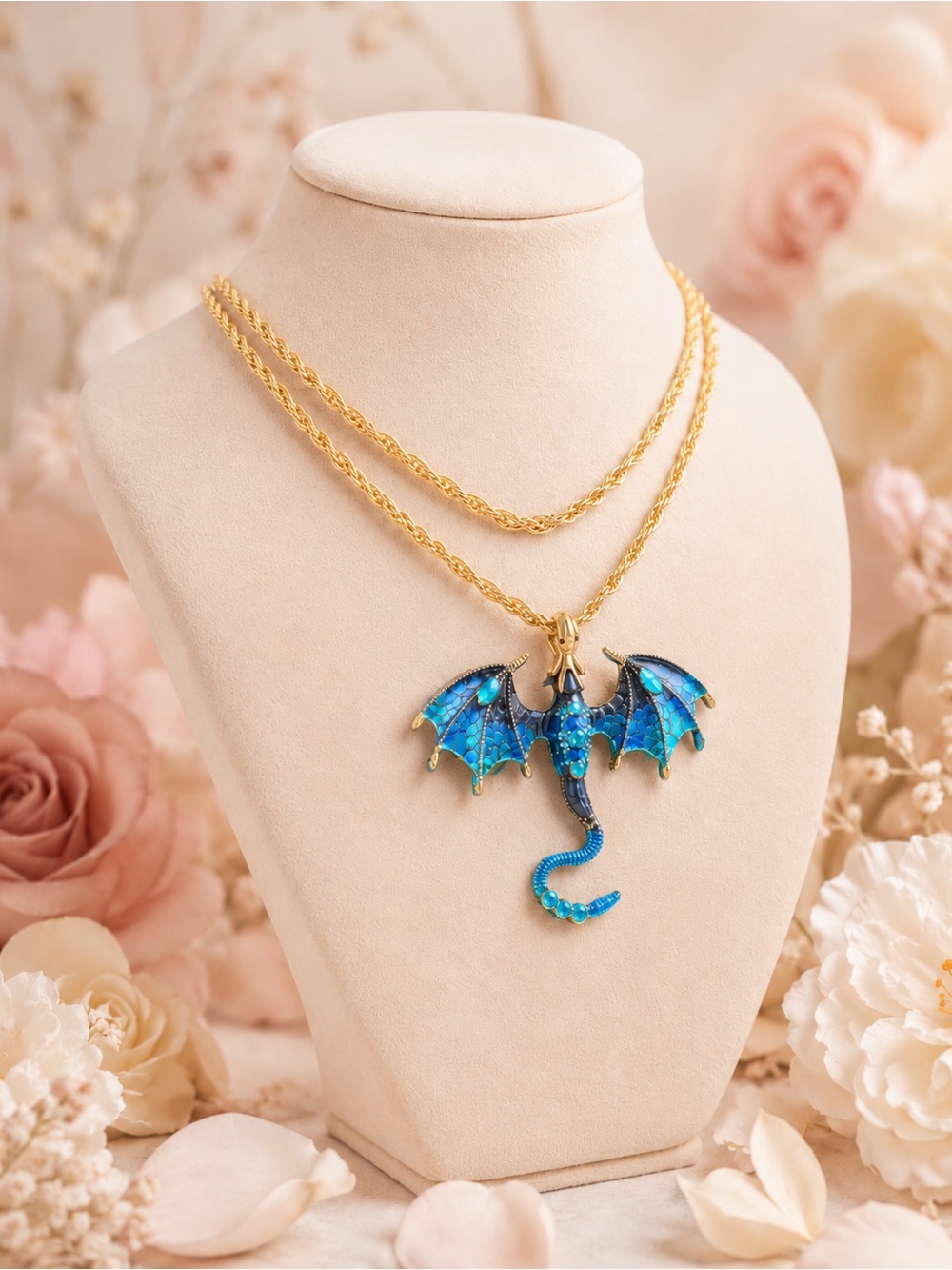 Gold Chain Necklace with Blue Dragon Pendant - Picture 2 of 5